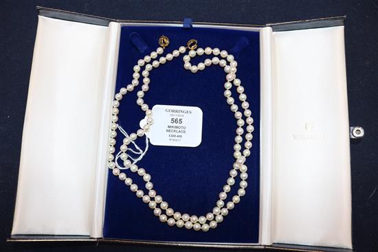 *A Mikimoto single strand cultured pearl necklace with 18ct gold clasp, with Mikimoto box, 36in.